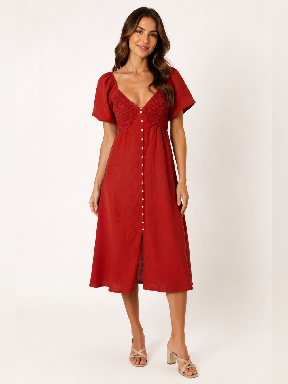 NWOT Böhme Rust Red Smocked Empire Waist Button-Front Midi Dress • Small